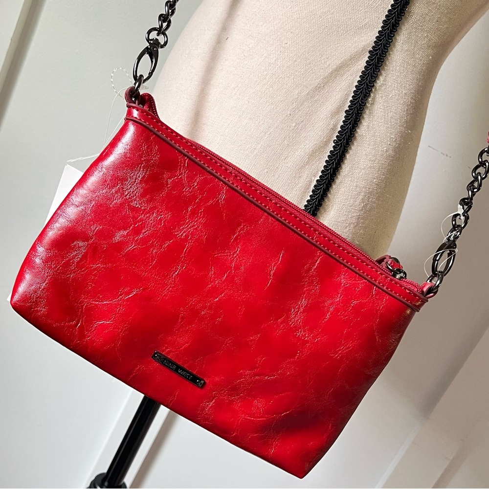NWT Nine West Brick Red Studded & Classic Crossbody Purse + chain Faux Leather